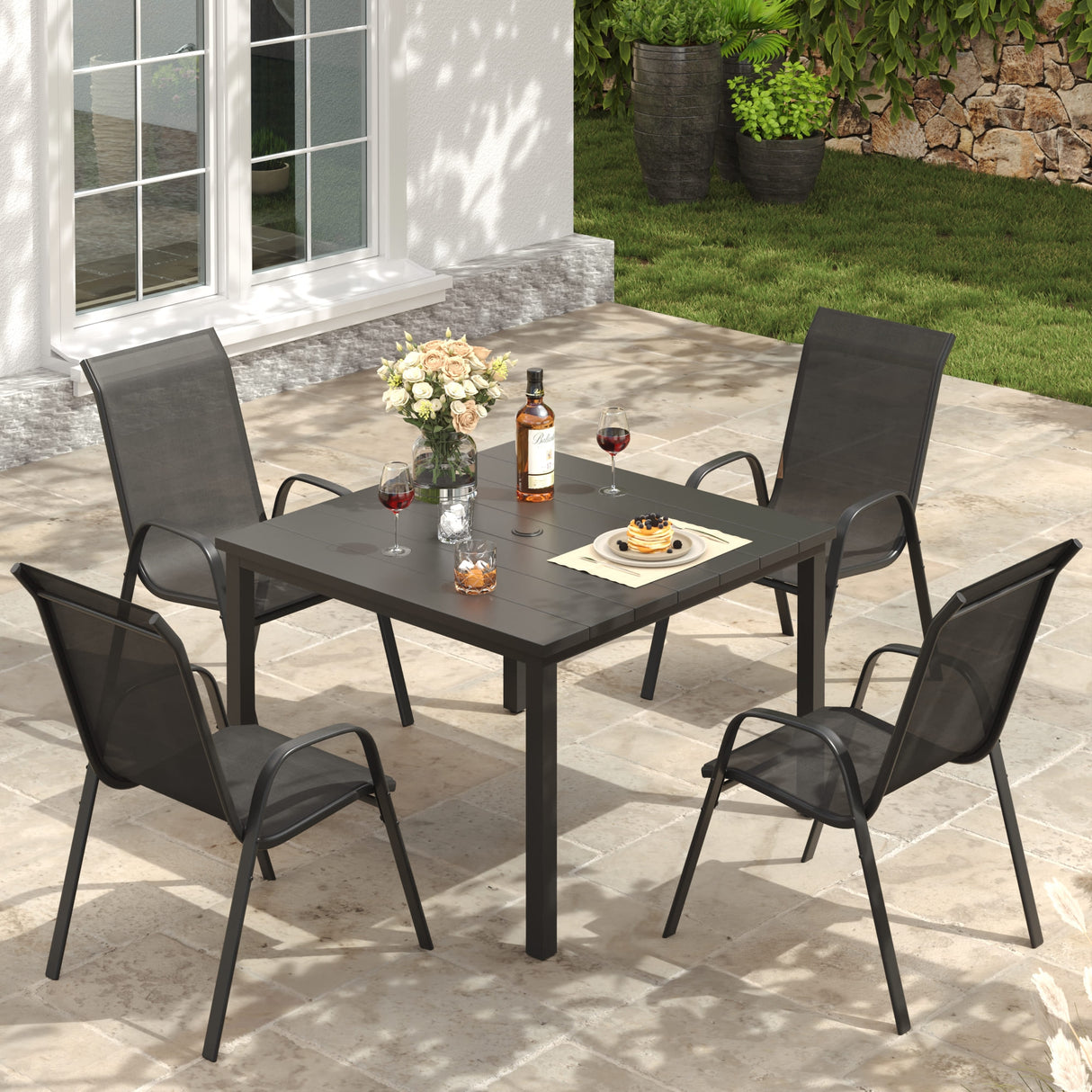 Vicllax 5 Pieces Outdoor Dining Set, Patio Square Metal Table and Horizon Stackable Chair