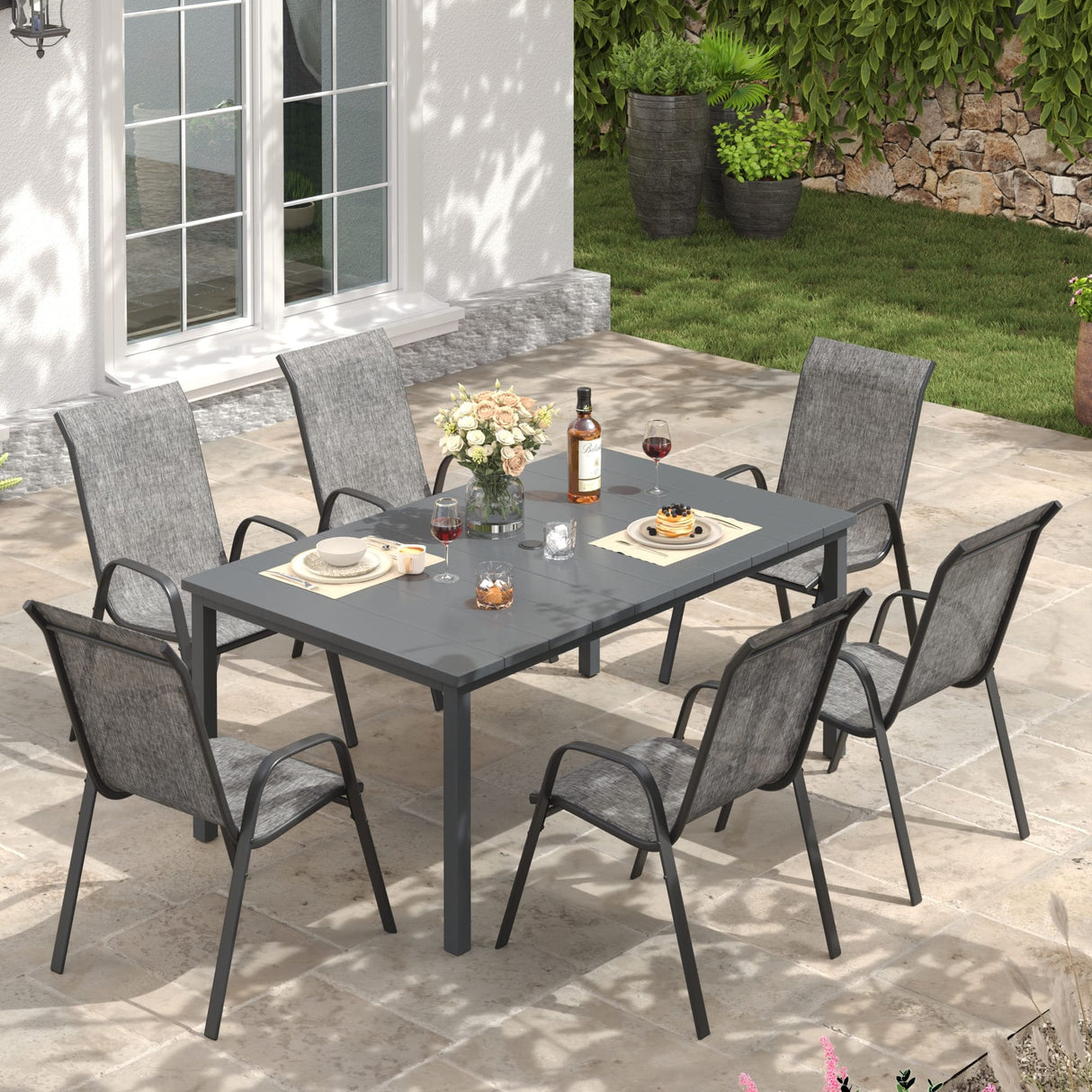 Vicllax 7 Pieces Outdoor Dining Set, Patio Rectangular 63" Metal Table and Horizon Stackable Chair