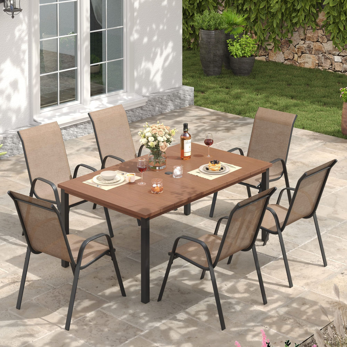Vicllax 7 Pieces Outdoor Dining Set, Patio Rectangular 63" Metal Table and Horizon Stackable Chair