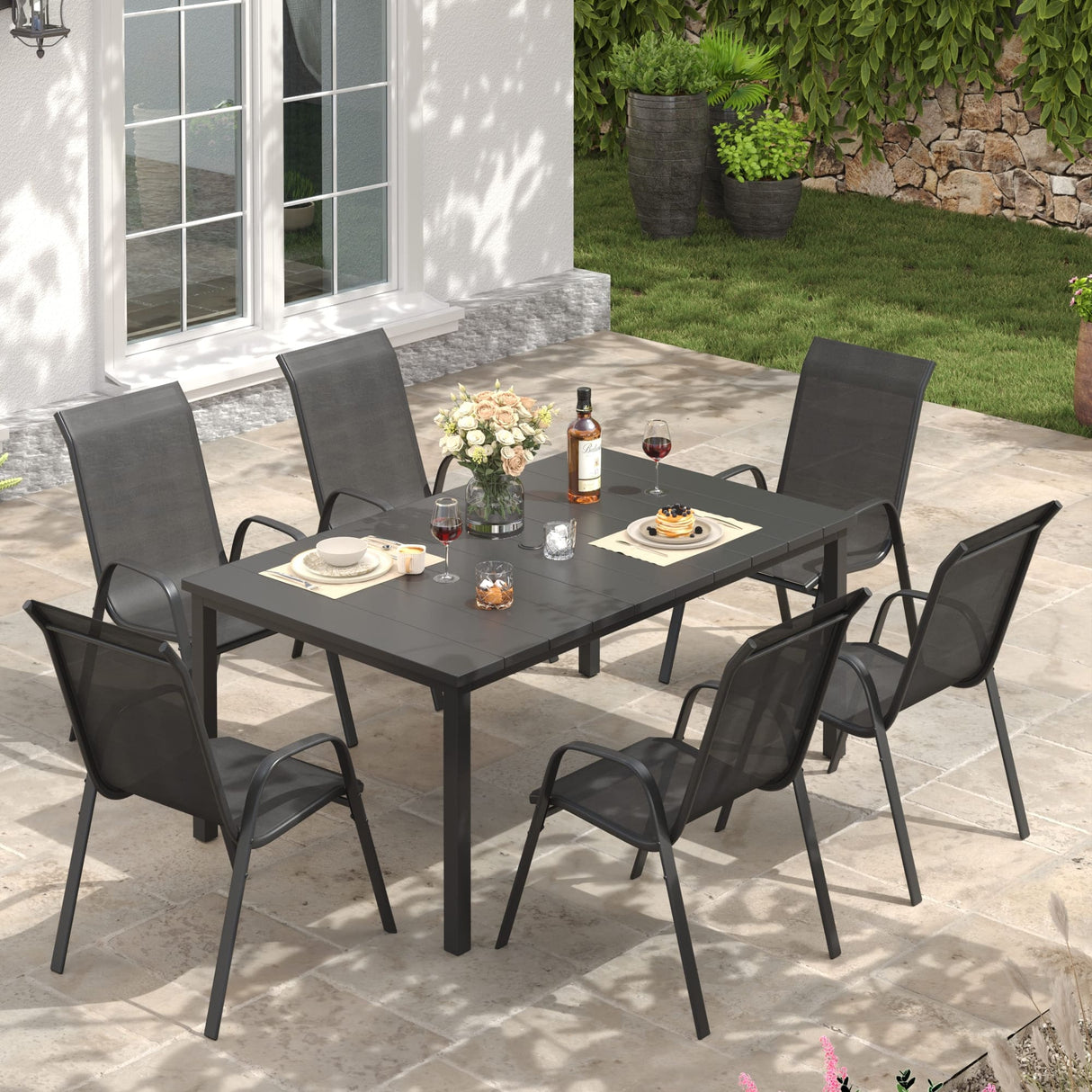 Vicllax 7 Pieces Outdoor Dining Set, Patio Rectangular 63" Metal Table and Horizon Stackable Chair