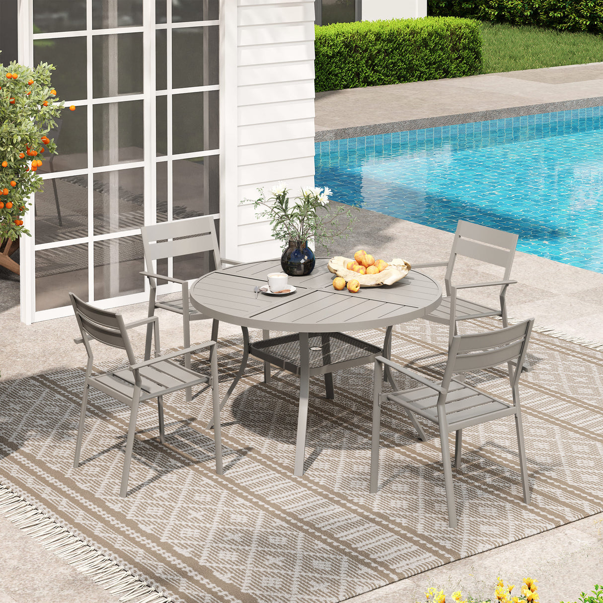 Vicllax 5 Pieces Outdoor Dining Set with 47" Round Metal Table and Armrest Chairs