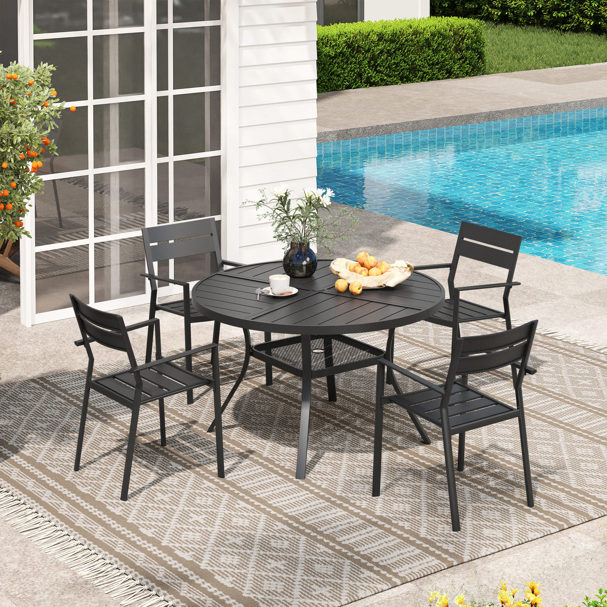 Vicllax 5 Pieces Outdoor Dining Set with 47" Round Metal Table and Armrest Chairs