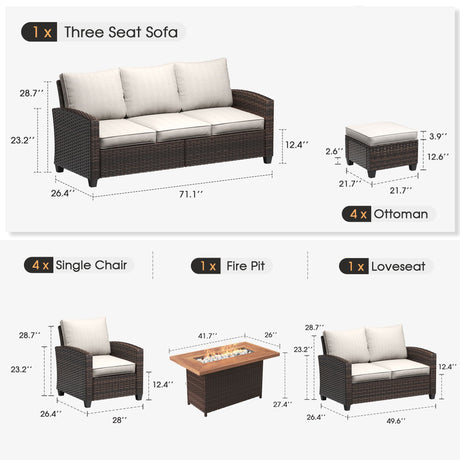 Vicllax Versatile Wicker Patio Set: 7 Seater with Fire Table & Ottoman