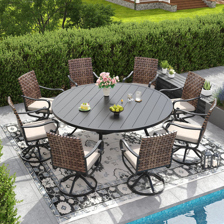 Vicllax 9 PCS Patio Dining Table Set, 60" / 63" Round Metal Table  and Sierra Swivel Chair