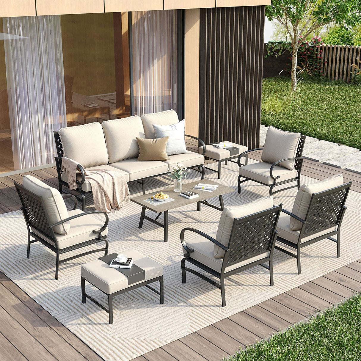 Vicllax Outdoor Patio Conversation Set with Cushioned Sofa Chairs, Ottomans and Coffee Table