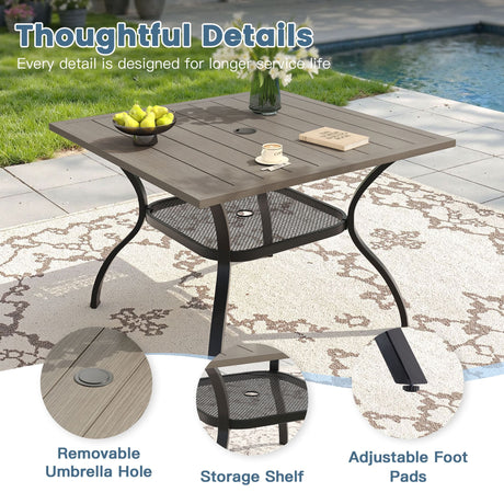 Vicllax 5 Pcs Outdoor Dining Set, Square Metal Table with Storage Shelf and 4 Swivel Chairs