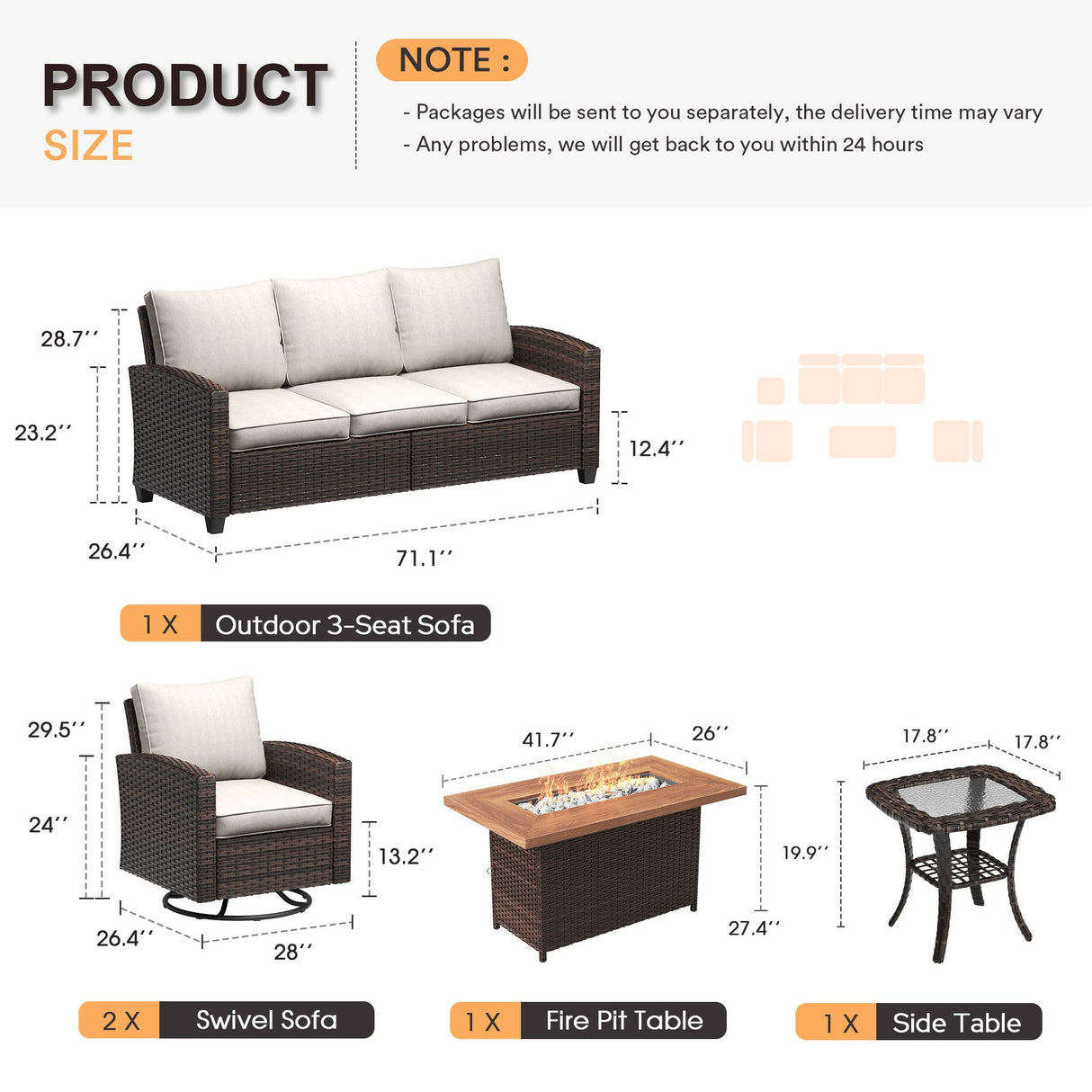 VICLLAX Versatile Wicker Patio Set: 5 Seater with Fire Table/Ottoman