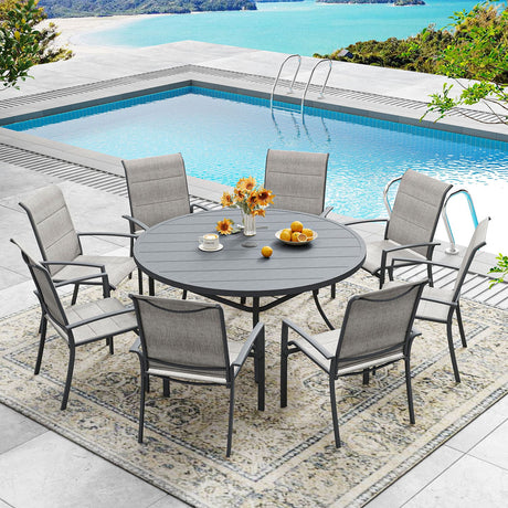 Vicllax 5/7/9 Pcs Outdoor Dining Set, Round Metal Table and Stackable Padded Chair