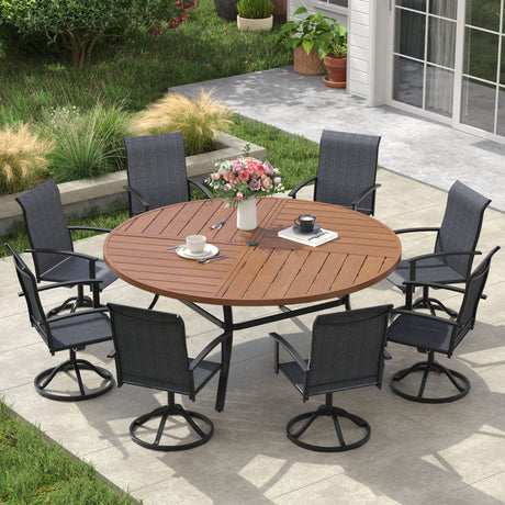 VICLLAX 9-pcs Outdoor Dining Set, 60” Round Metal Table with Umbrella Hole & 8 Swivel Textilene Chairs