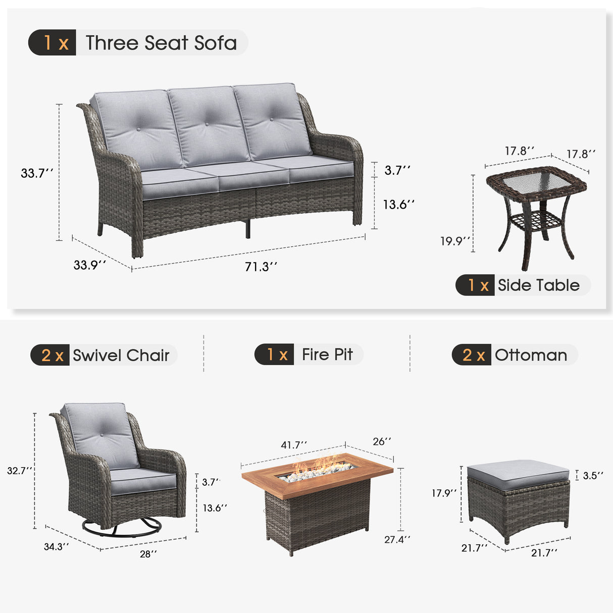 Vicllax Patio Wicker Oasis Lounge Set, 5 Seater with Fire table & Loveseat