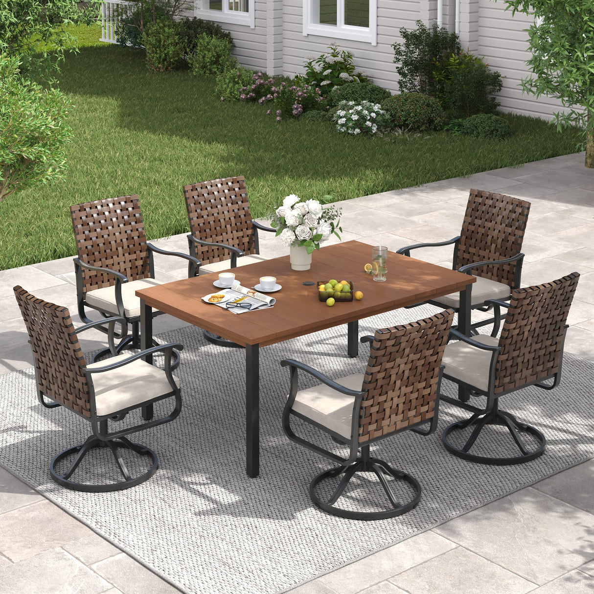 Vicllax 7 pcs Outdoor Dining Set, Rectangular Metal Table and Sienna Swivel Chairs