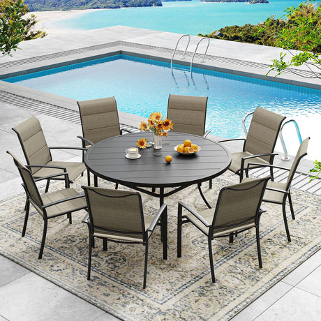 Vicllax 5/7/9 Pcs Outdoor Dining Set, Round Metal Table and Stackable Padded Chair