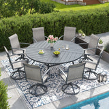 VICLLAX 9-pcs Outdoor Dining Set, 63” Round Metal Table with Umbrella Hole & 8 Swivel Textilene Chairs