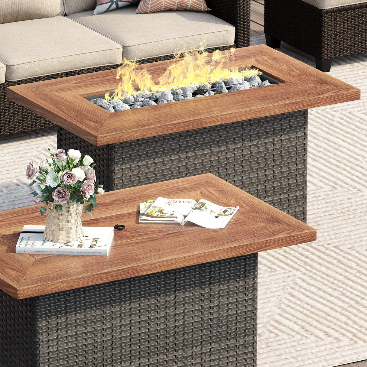 Vicllax Wicker Propane Fire Pit Table, Outdoor 50,000 BTU Gas Fire Pit