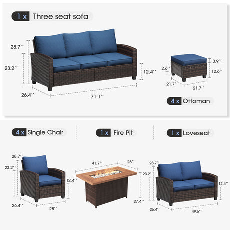 Vicllax Versatile Wicker Patio Set: 7 Seater with Fire Table & Ottoman