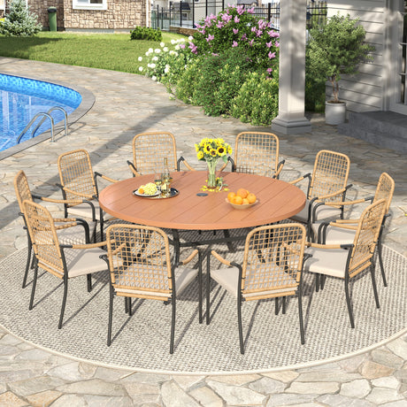 Vicllax 11 PCS Patio Dining Table Set, 60" Round Metal Table and Solana Stackable Chair