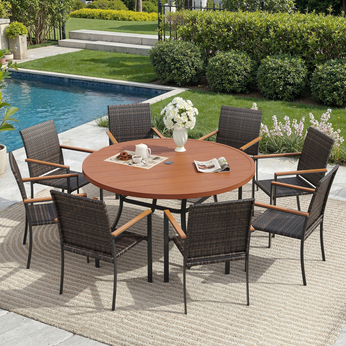 Vicllax 9 Pieces Outdoor Dining Set, 53" Round Table and 8 Stackable Armchairs