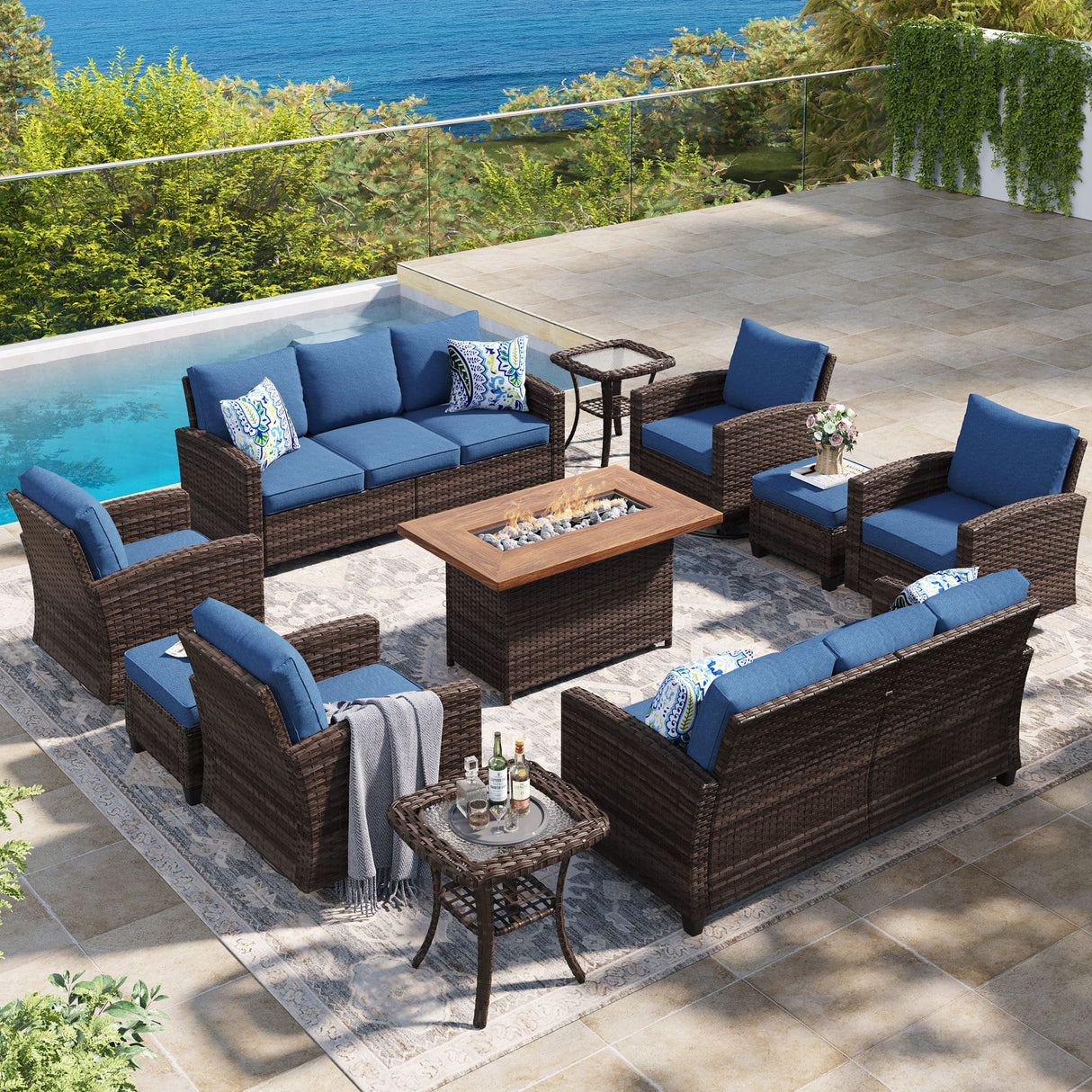 Vicllax Versatile Wicker Patio Set: 9 Pieces with Fire Table & Ottoman