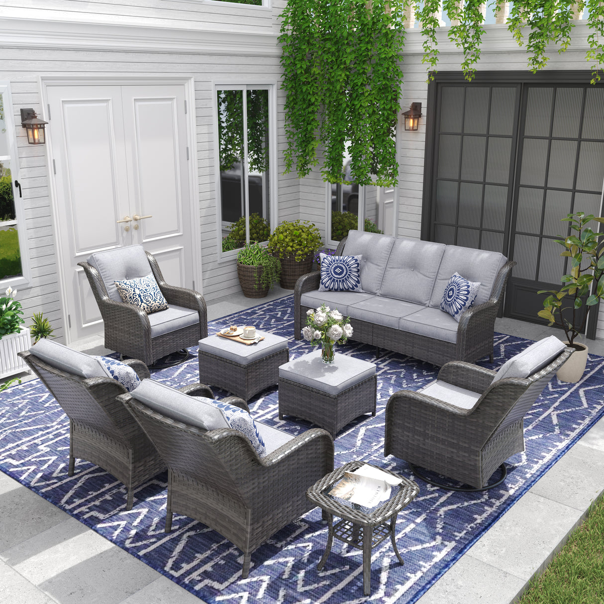 Vicllax Patio Wicker Oasis Lounge Set, 7-Piece Outdoor Sofa Set (Swivel Sofa Chair Set)