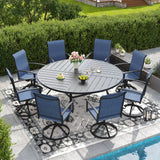 VICLLAX 9-pcs Outdoor Dining Set, 63” Round Metal Table with Umbrella Hole & 8 Swivel Textilene Chairs