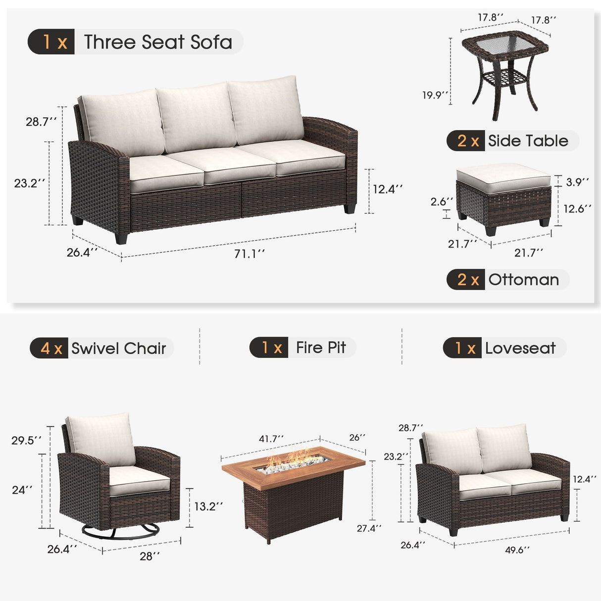 Vicllax Versatile Wicker Patio Set: 7 Seater with Fire Table & Ottoman
