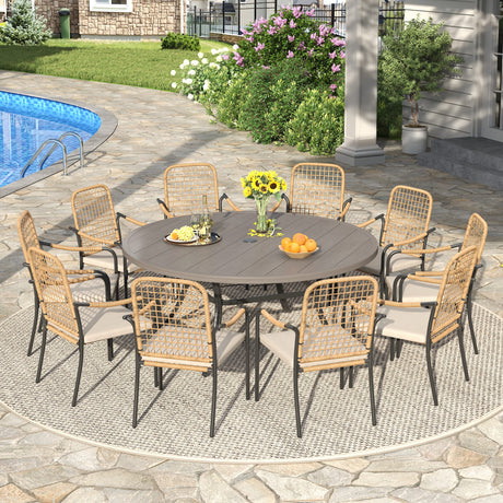 Vicllax 11 PCS Patio Dining Table Set, 60" Round Metal Table and Solana Stackable Chair