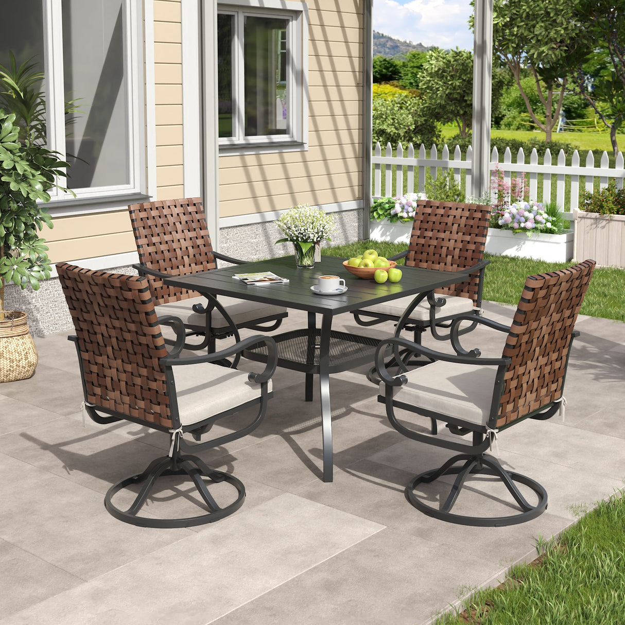 Vicllax 5 Pieces Outdoor Dining Set, 37.8"Square dining Table and Sierra Swivel Chair