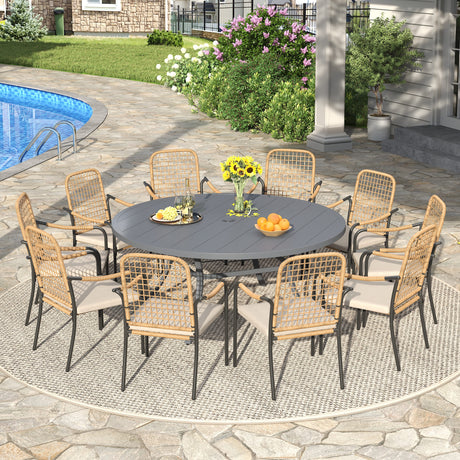 Vicllax 11 PCS Patio Dining Table Set, 60" Round Metal Table and Solana Stackable Chair