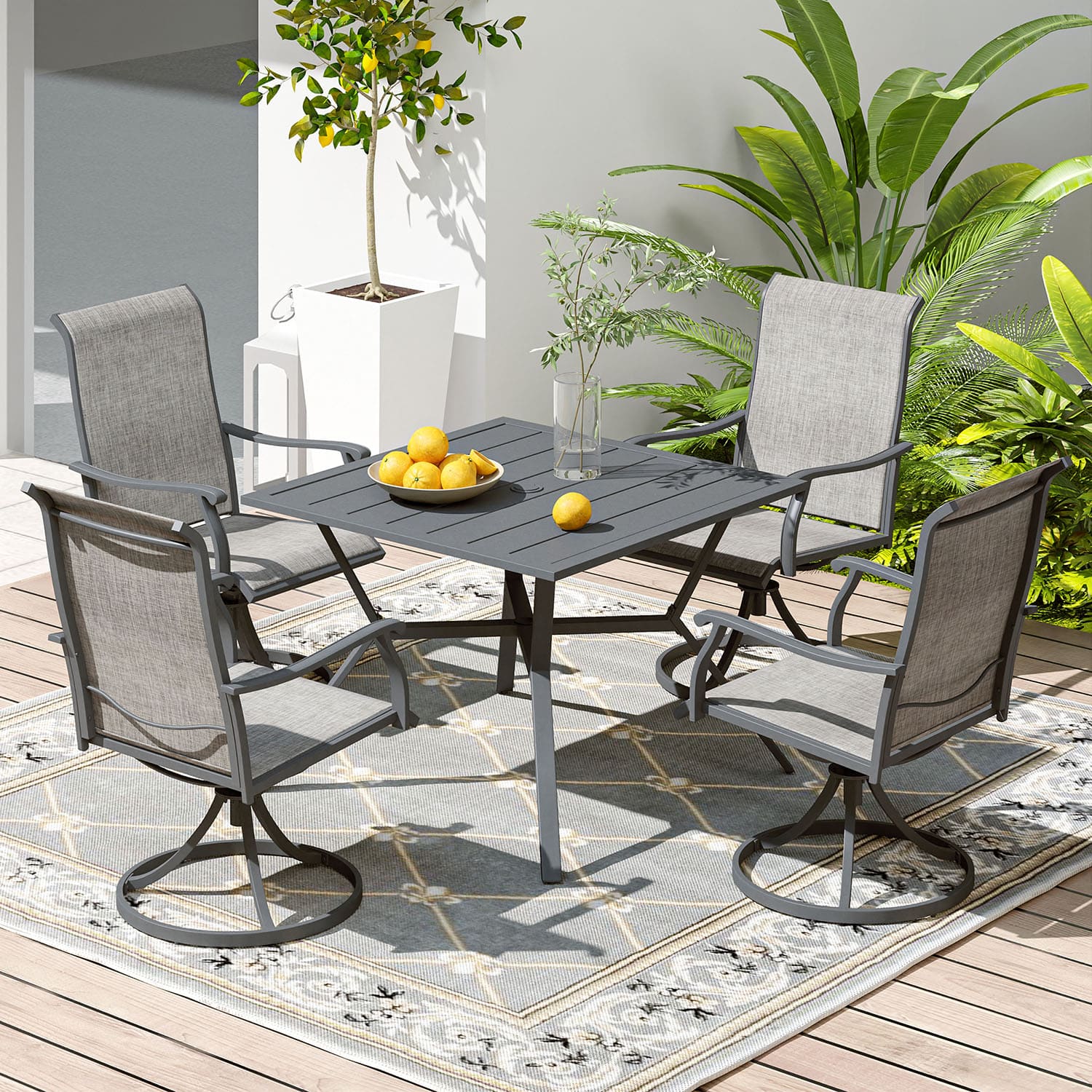 Vicllax 5 Pieces Patio Dining Set, Outdoor Square Table and Patio Swivel Chairs