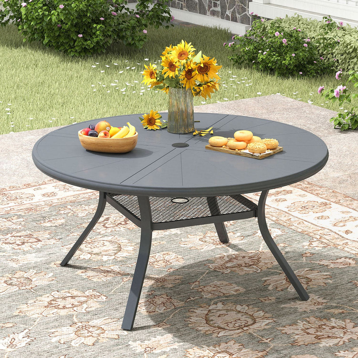 Vicllax Outdoor Round Dining Table, Patio Aluminum Tabletop with Storage Shelf