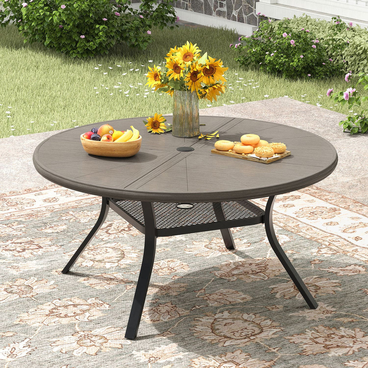 Vicllax Outdoor Round Dining Table, Patio Aluminum Tabletop with Storage Shelf