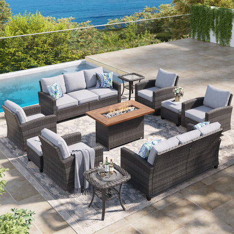 Vicllax Versatile Wicker Patio Set: 9 Pieces with Fire Table & Ottoman