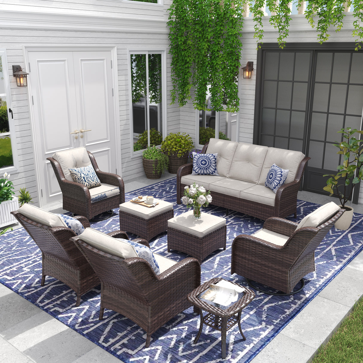 Vicllax Patio Wicker Oasis Lounge Set, 7-Piece Outdoor Sofa Set (Swivel Sofa Chair Set)