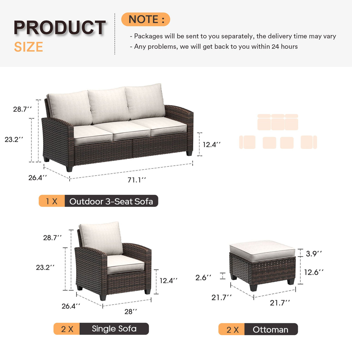 VICLLAX Versatile Wicker Patio Set: 5 Seater with Fire Table/Ottoman