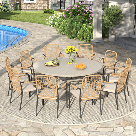 Vicllax 11 PCS Patio Dining Table Set, 60" Round Metal Table and Solana Stackable Chair