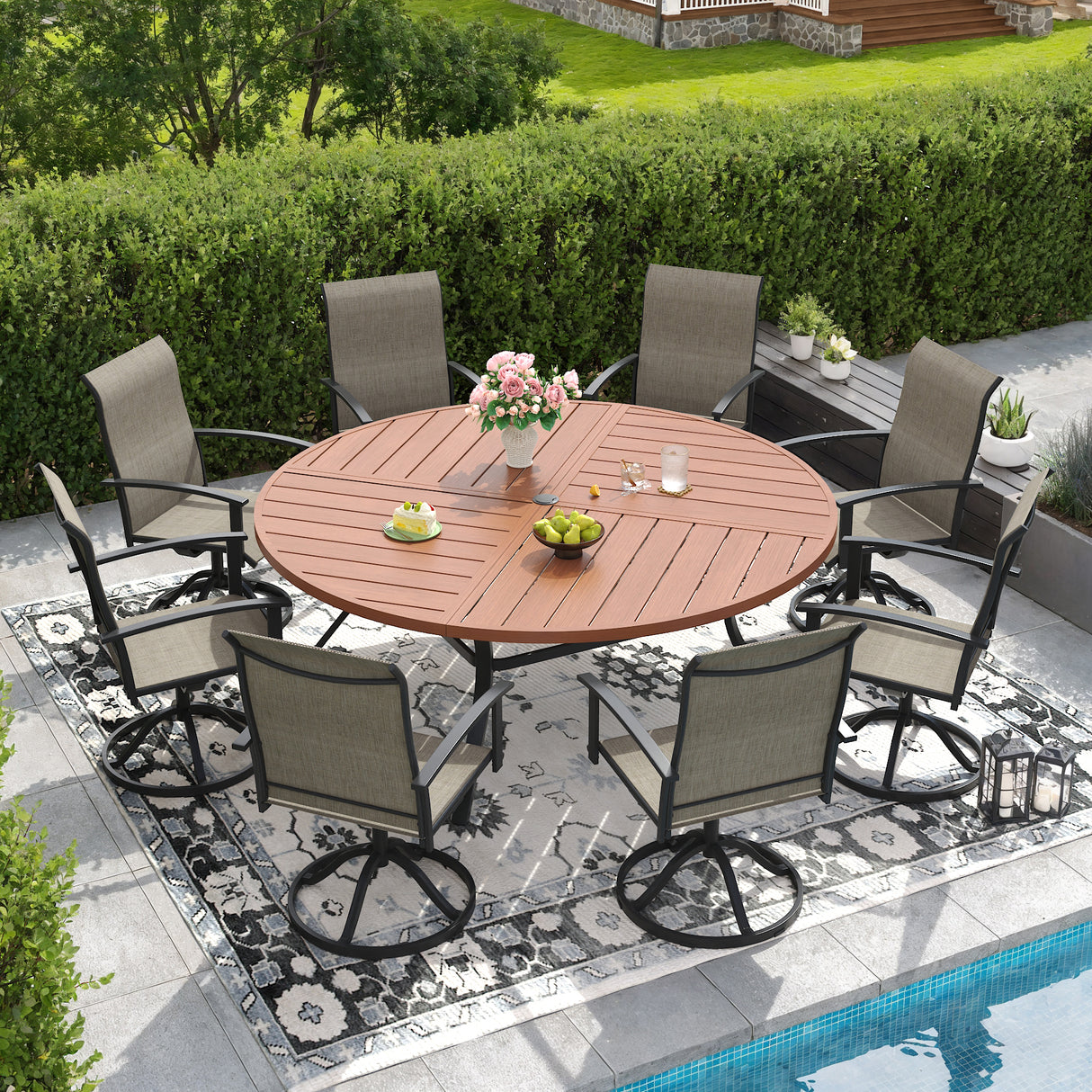 VICLLAX 9-pcs Outdoor Dining Set, 63” Round Metal Table with Umbrella Hole & 8 Swivel Textilene Chairs