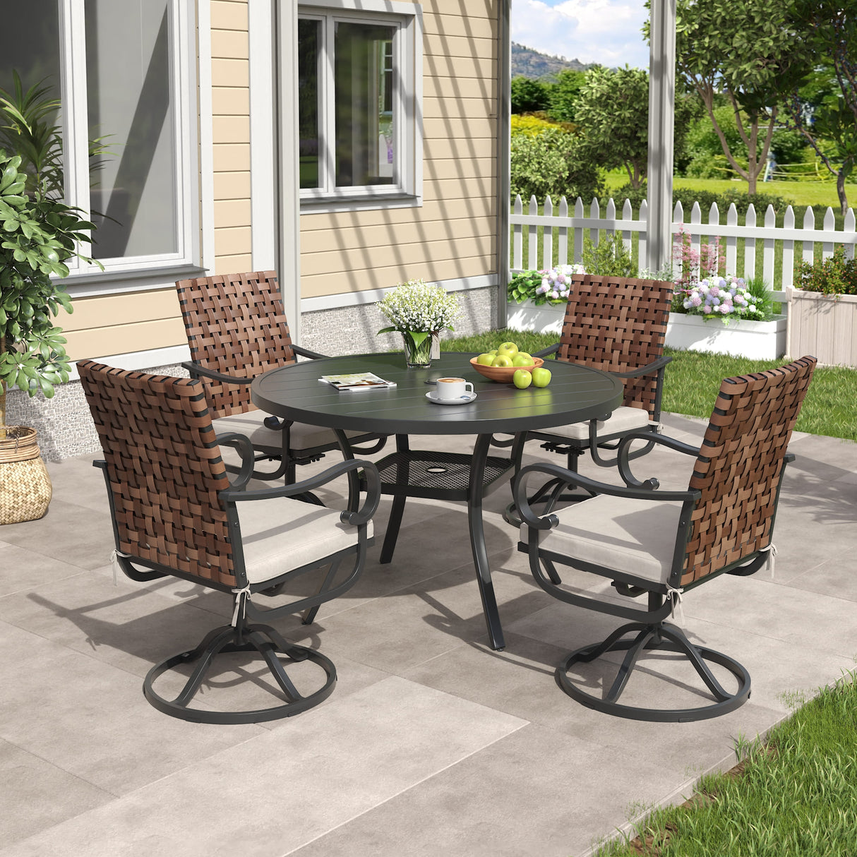 Vicllax 5 PCS Patio Dining Table Set, 47.2" Round Metal Table and Sierra Swivel Chair