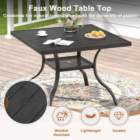 Vicllax Mesa de comedor para patio al aire libre para 4 personas, mesa cuadrada de metal con almacenamiento 