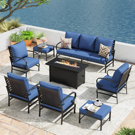 Vicllax Outdoor Patio Conversation Sofa Set with Cushioned Sofa Chairs and Metal Rectangular Fire Pit, Blue