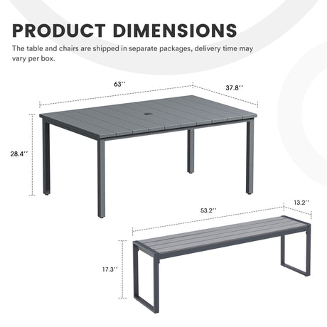 Vicllax Juego de banco y mesa de comedor rectangular de metal para exterior, 3 piezas