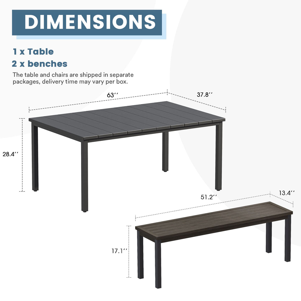 Vicllax 3-Piece Rectangular Metal Outdoor Dining Table and Bench Set