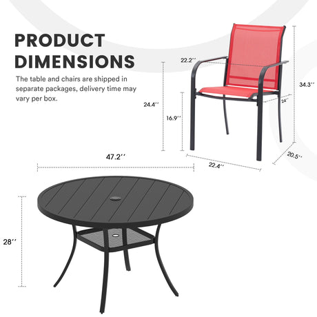 Vicllax Juego de comedor para exterior de 7 piezas con mesa redonda de metal de 48" y sillones de textileno 