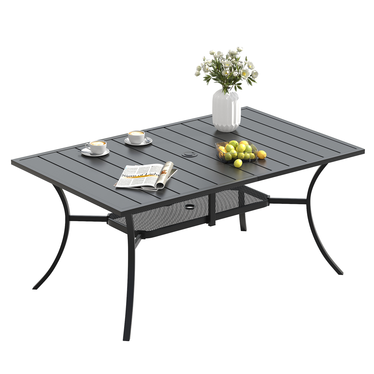 Vicllax Mesa de comedor de exterior para 6 personas, mesa de listones de acero curvado de metal para patio con orificio para sombrilla