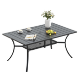Vicllax Mesa de comedor de exterior para 6 personas, mesa de listones de acero curvado de metal para patio con orificio para sombrilla