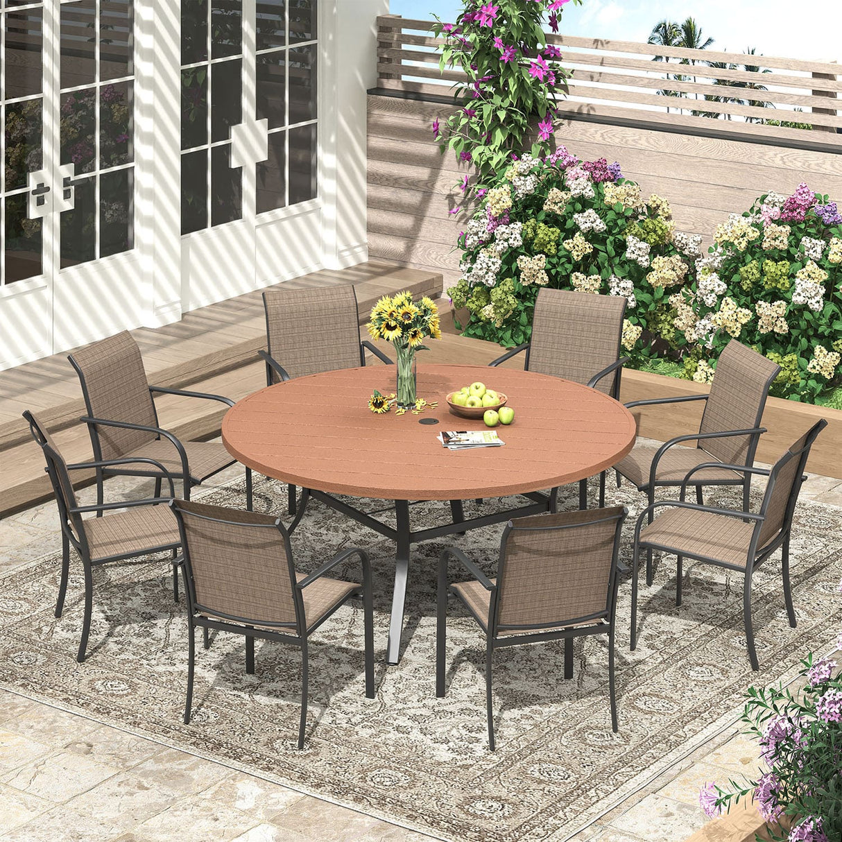 Vicllax Outdoor Plastic Top Patio Wood-Like Grain Round Dining Table for 4/6/8