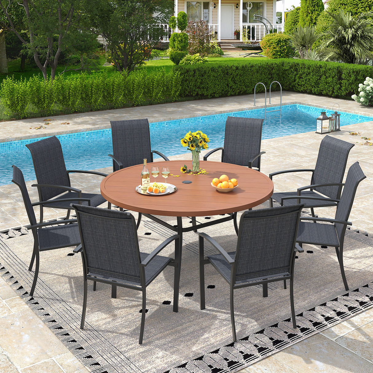 Vicllax 9 PCS Patio Dining Table Set, 53" Round Metal Table and Skyline Stackable Chair
