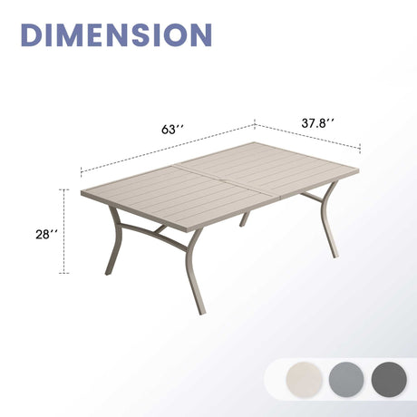 Vicllax Mesa de comedor de exterior para 6 personas, mesa de listones de acero curvado de metal para patio con orificio para sombrilla