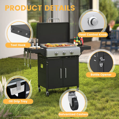 Vicllax 3 Burners Propane Gas Grill with Griddle Plate, 2 in 1 Griddle Grill with Side Burner