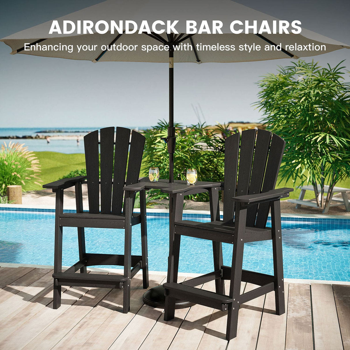 Vicllax Outdoor HDPE Adirondack Bar Chair, Patio Bar Stools with Umbrella Hole