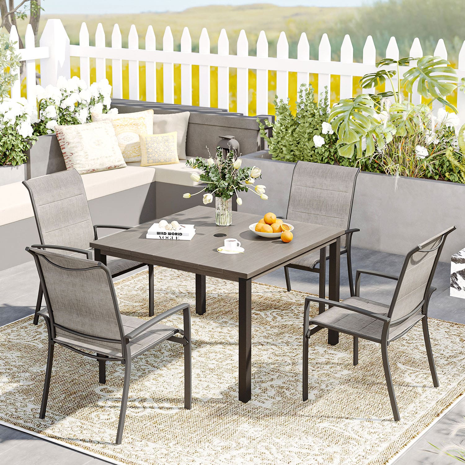 Vicllax 5 Pieces Outdoor Dining Set with 40 Square Table and Padded Stackable Chairs